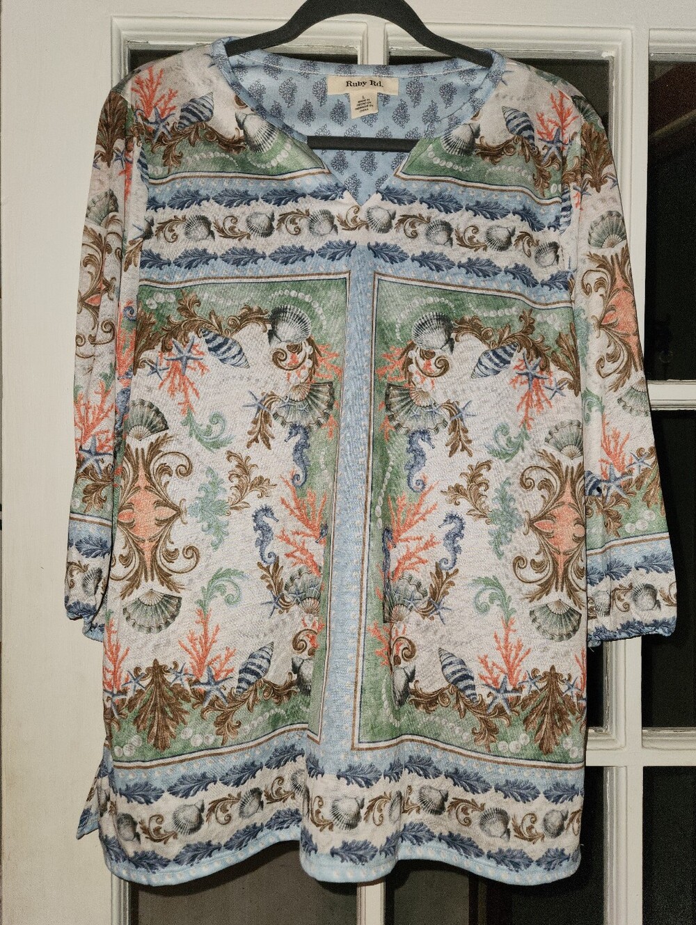 Ruby Rd Women’s Large Coastal Seashell Seahorse Coral Tunic Top 3/4 Sleeve